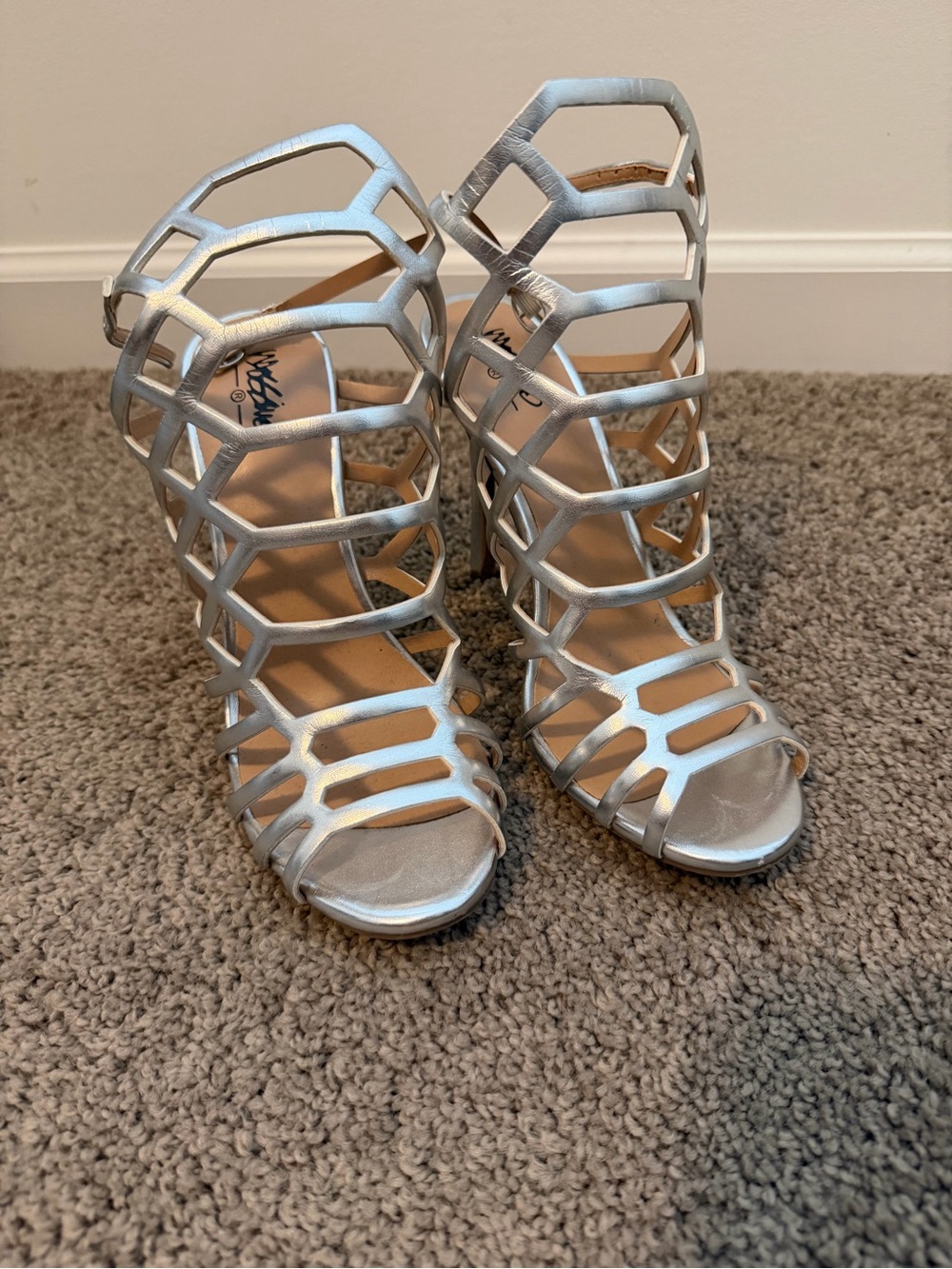 Metallic Silver Cage Heeled Sandals